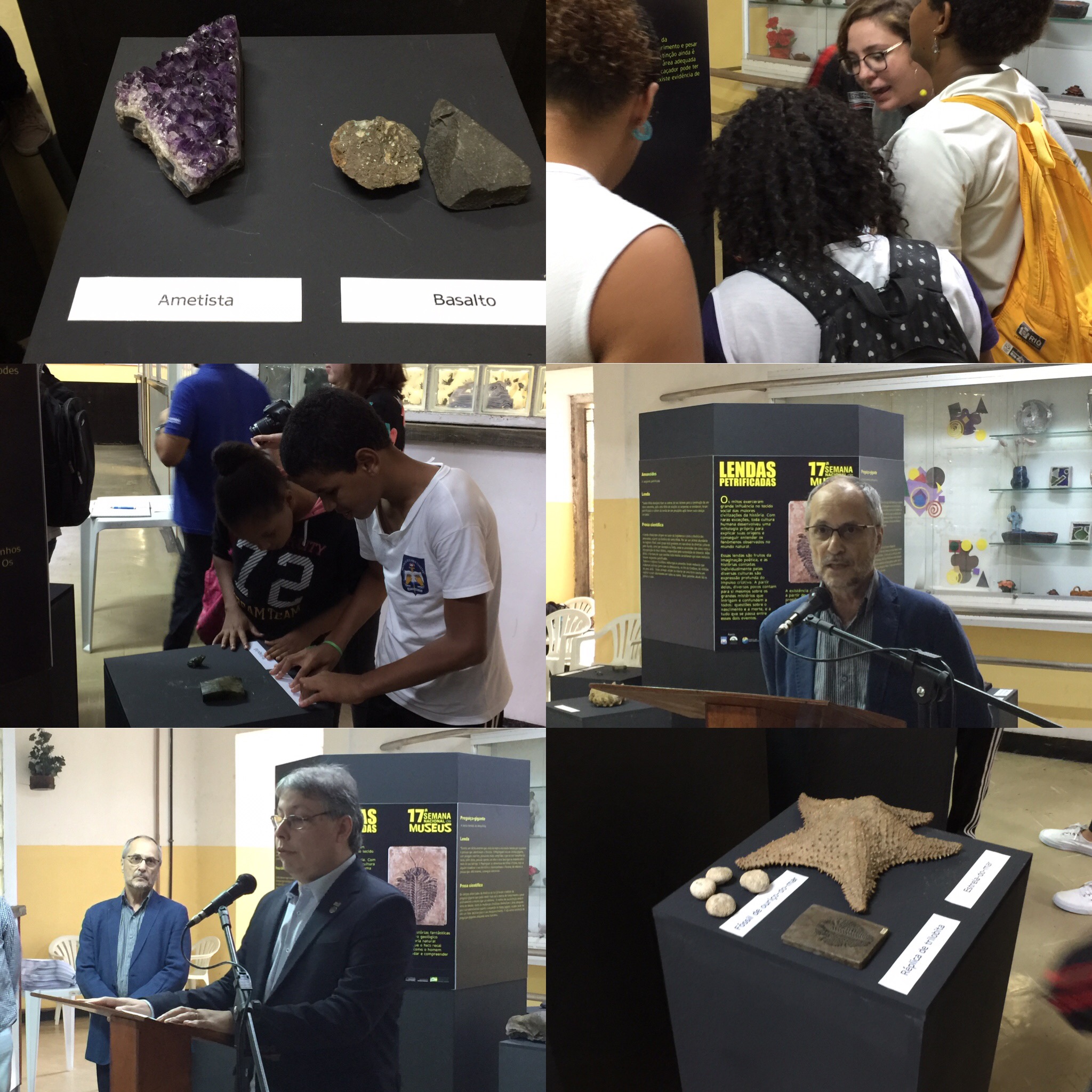 mosaico com seis fotos do evento, como as fotos dos diretores do CPRM e do IBC falando ao microfone, de rochas e fósseis, e de alunos examinando as peças da exposição