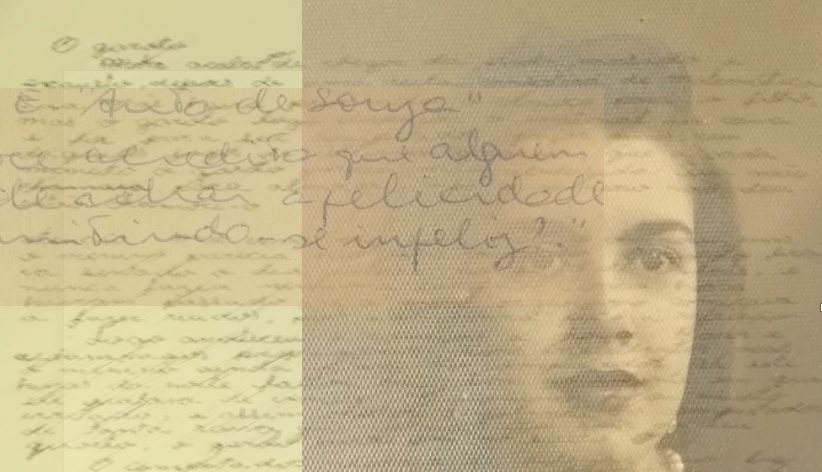 Textos manuscritos sobrepostos a uma fotografia antiga de mulher