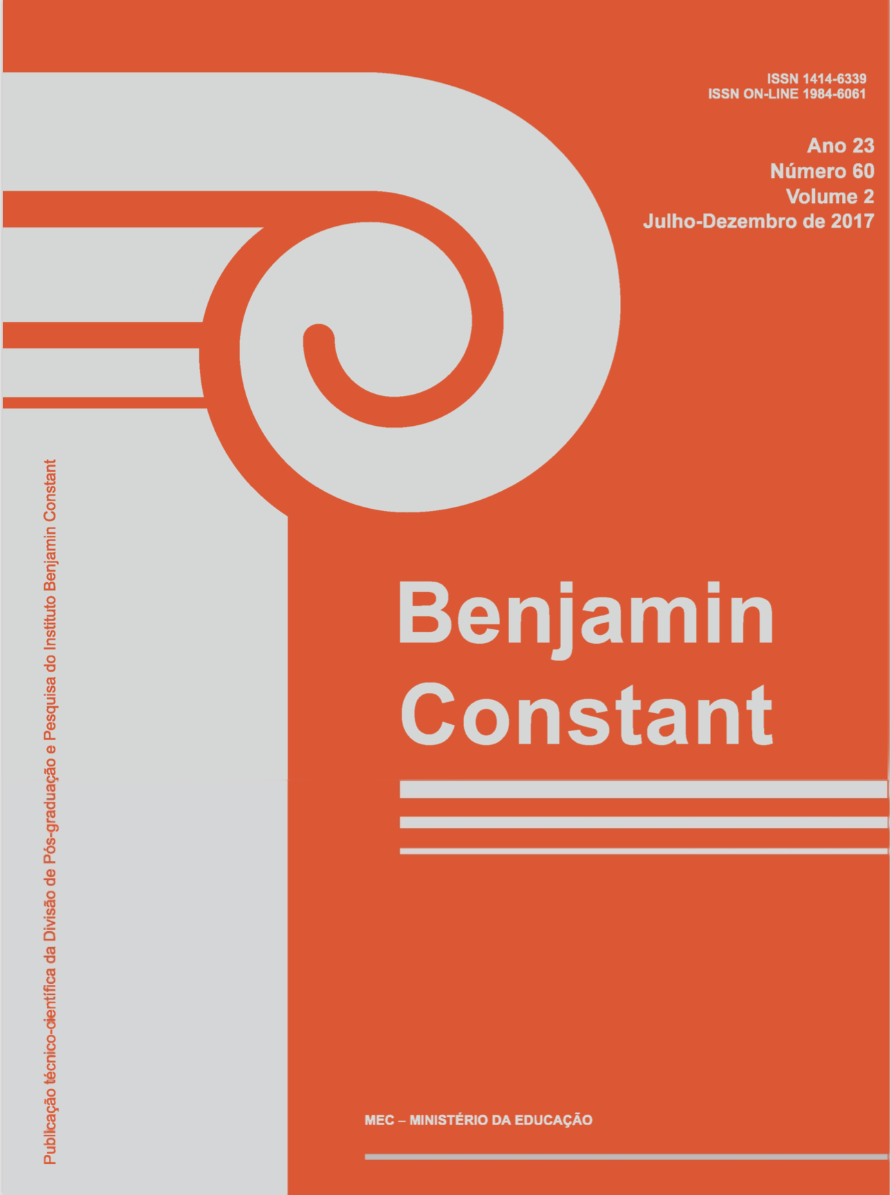 Capa da revista Benjamin Constant em cor de laranja, contendo as seguintes informações: ano 23, número 60, volume 2, julho – dezembro de 2017.